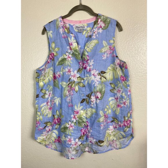Tommy Bahama Floral Sleeveless Button Up Tank Top Sz Large Blue Pink Linen Blend - Picture 2 of 13